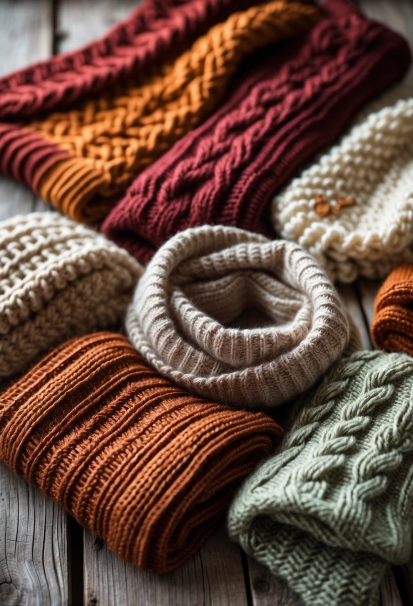 A collection of colorful knitted scarves arranged on a wooden surface.