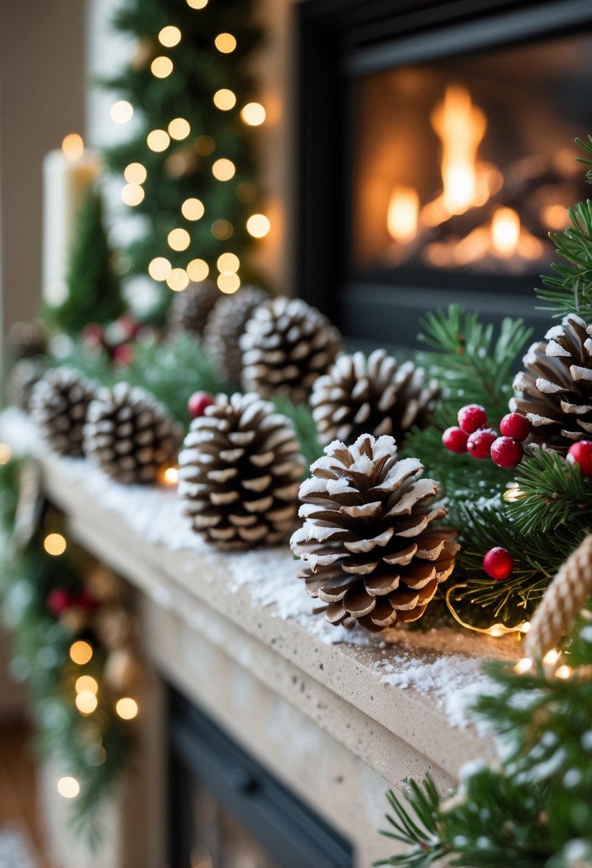 Christmas Fireplace Decor Ideas 2025: 22 Stylish Ways to Elevate Your Holiday Mantel 12 Snow-dusted pinecones arranged on a fireplace mantel decorated for Christmas with a glowing fire in the background.