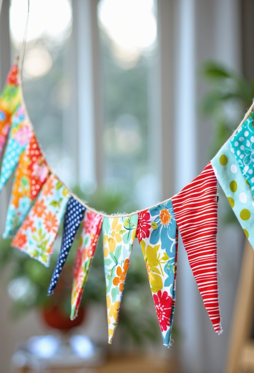 Colorful fabric bunting made from various fabric scraps hanging indoors against a softly blurred background.