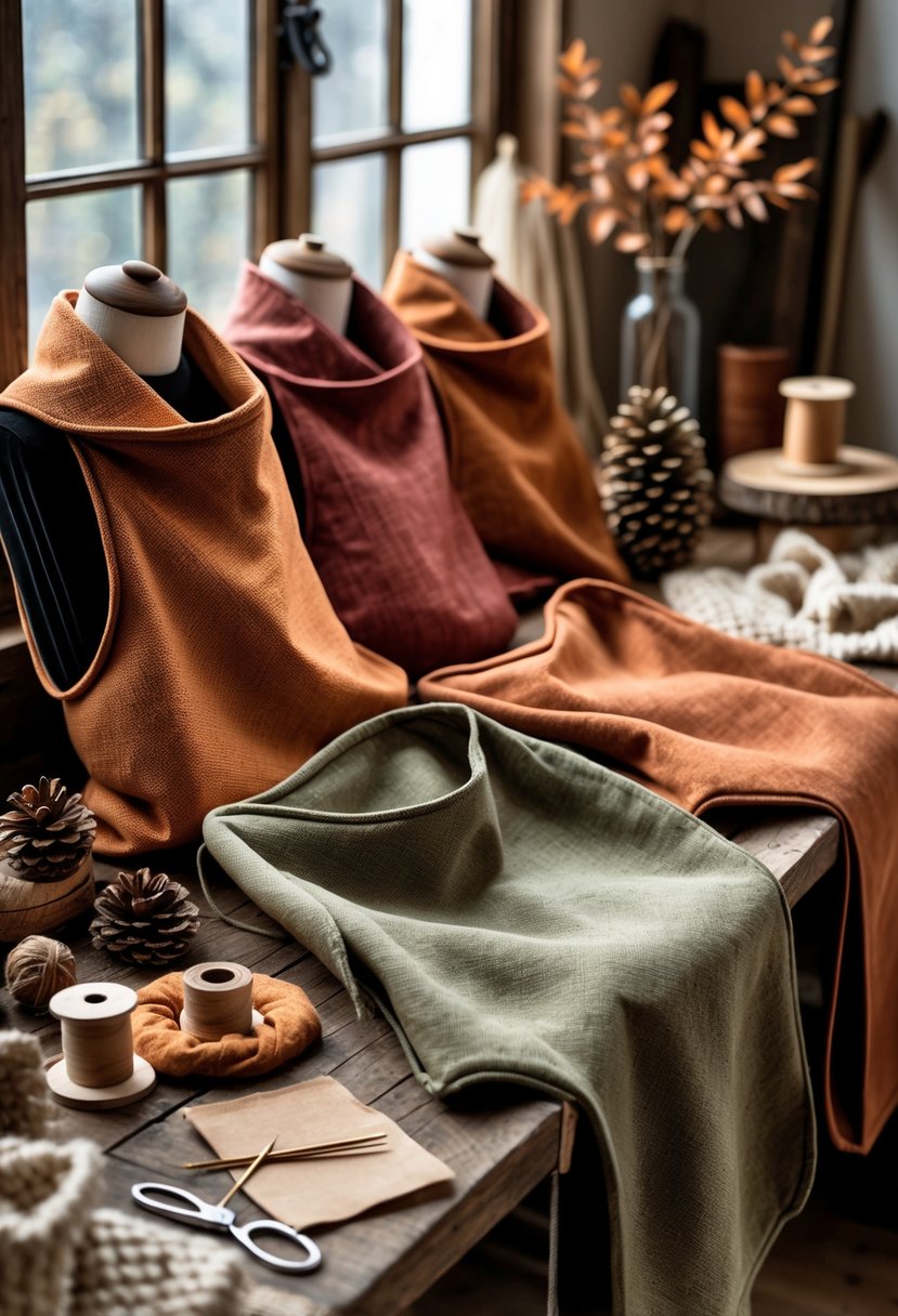 A collection of reversible fabric aprons in autumn colors displayed on a wooden table with sewing supplies and seasonal decorations.