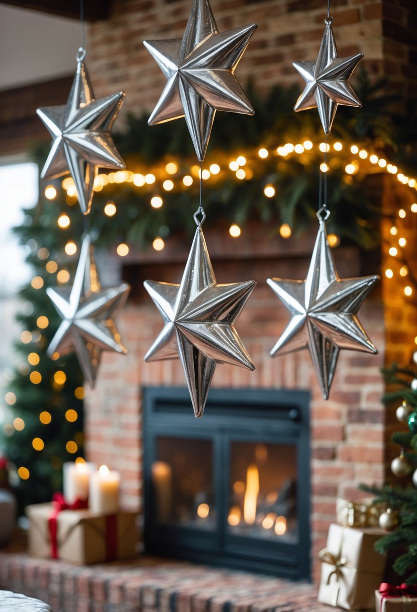Christmas Fireplace Decor Ideas 2025: 22 Stylish Ways to Elevate Your Holiday Mantel 13 Metallic star ornaments hanging above a decorated fireplace with Christmas decorations.