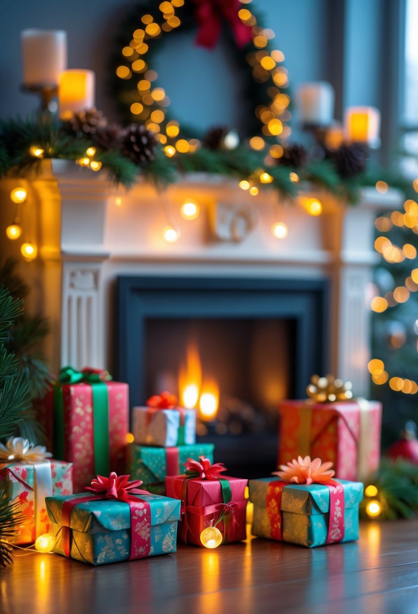 Christmas Fireplace Decor Ideas 2025: 22 Stylish Ways to Elevate Your Holiday Mantel 14 A cozy fireplace decorated with miniature wrapped gift boxes and holiday greenery.