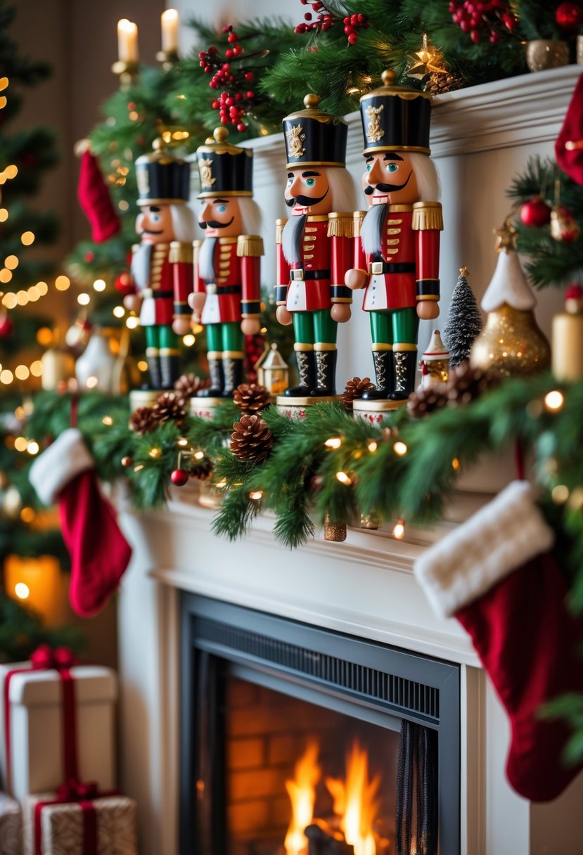 Christmas Fireplace Decor Ideas 2025: 22 Stylish Ways to Elevate Your Holiday Mantel 15 A mantel above a fireplace decorated with nutcracker figurines, pine garlands, and holiday ornaments with a fire burning below.