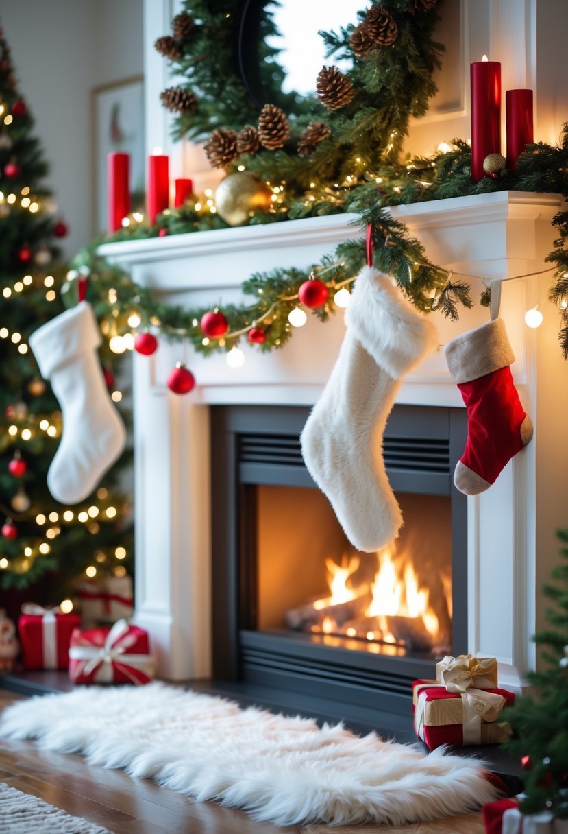 Christmas Fireplace Decor Ideas 2025: 22 Stylish Ways to Elevate Your Holiday Mantel 16 A Christmas fireplace decorated with a white faux fur mantel runner, pine garlands, ornaments, stockings, and a warm fire burning.