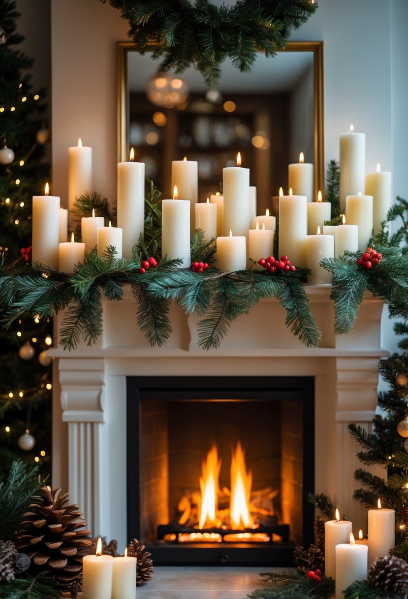 Christmas Fireplace Decor Ideas 2025: 22 Stylish Ways to Elevate Your Holiday Mantel 17 A Christmas fireplace decorated with clusters of candles in different heights, surrounded by pine branches, holly, and festive ornaments.
