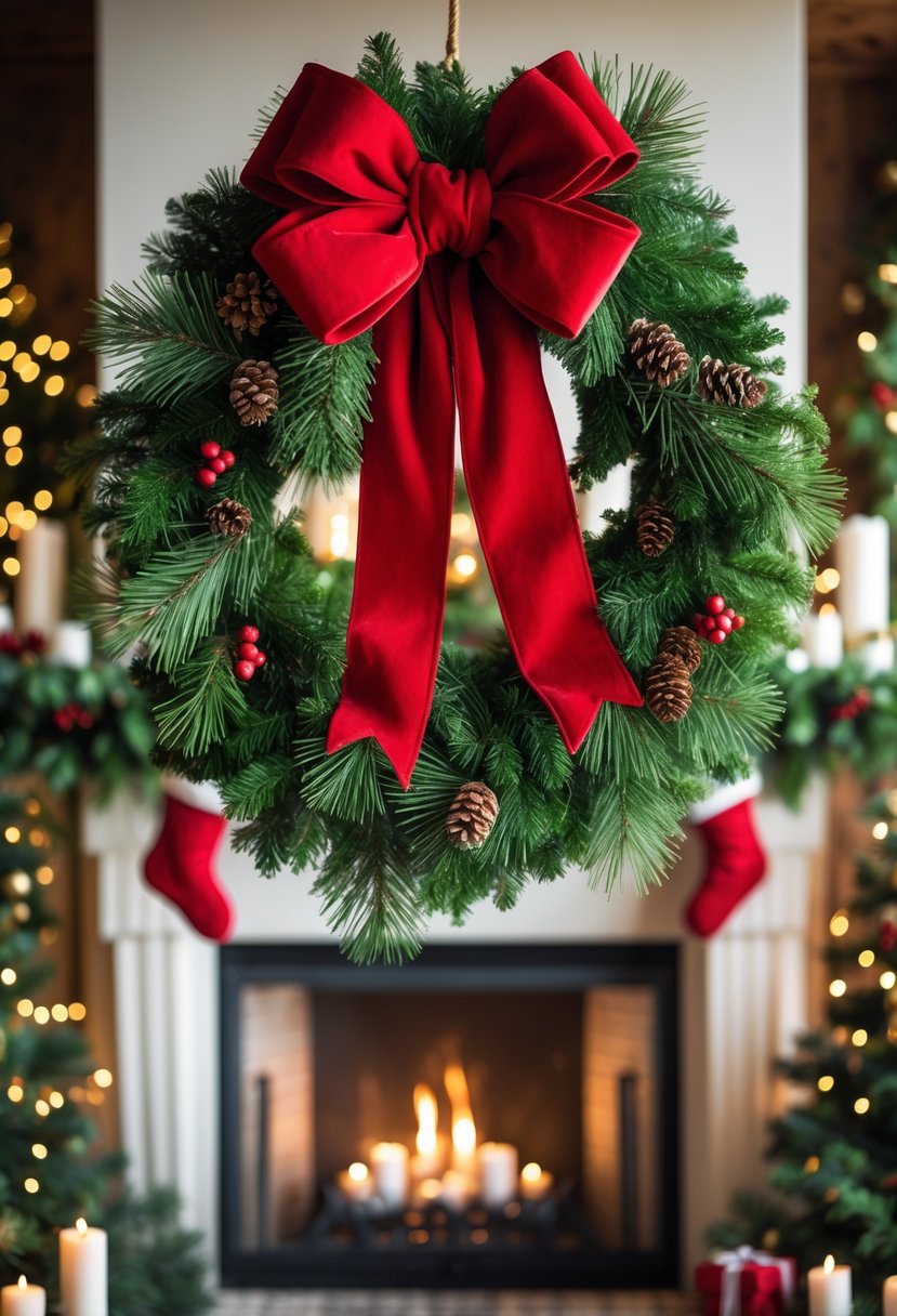 Christmas Fireplace Decor Ideas 2025: 22 Stylish Ways to Elevate Your Holiday Mantel 18 A greenery wreath with a large red bow hanging above a decorated fireplace with stockings and candles.