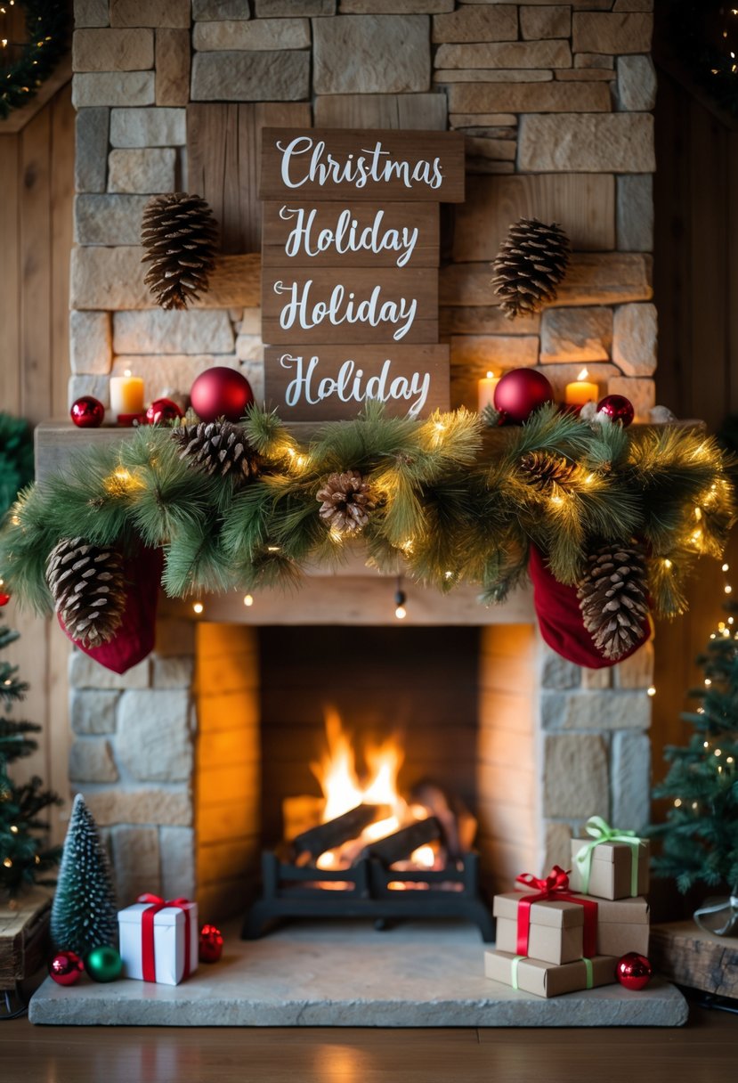 Christmas Fireplace Decor Ideas 2025: 22 Stylish Ways to Elevate Your Holiday Mantel 19 A cozy fireplace mantel decorated with pine garlands, pinecones, fairy lights, wooden signs, candles, and Christmas ornaments.