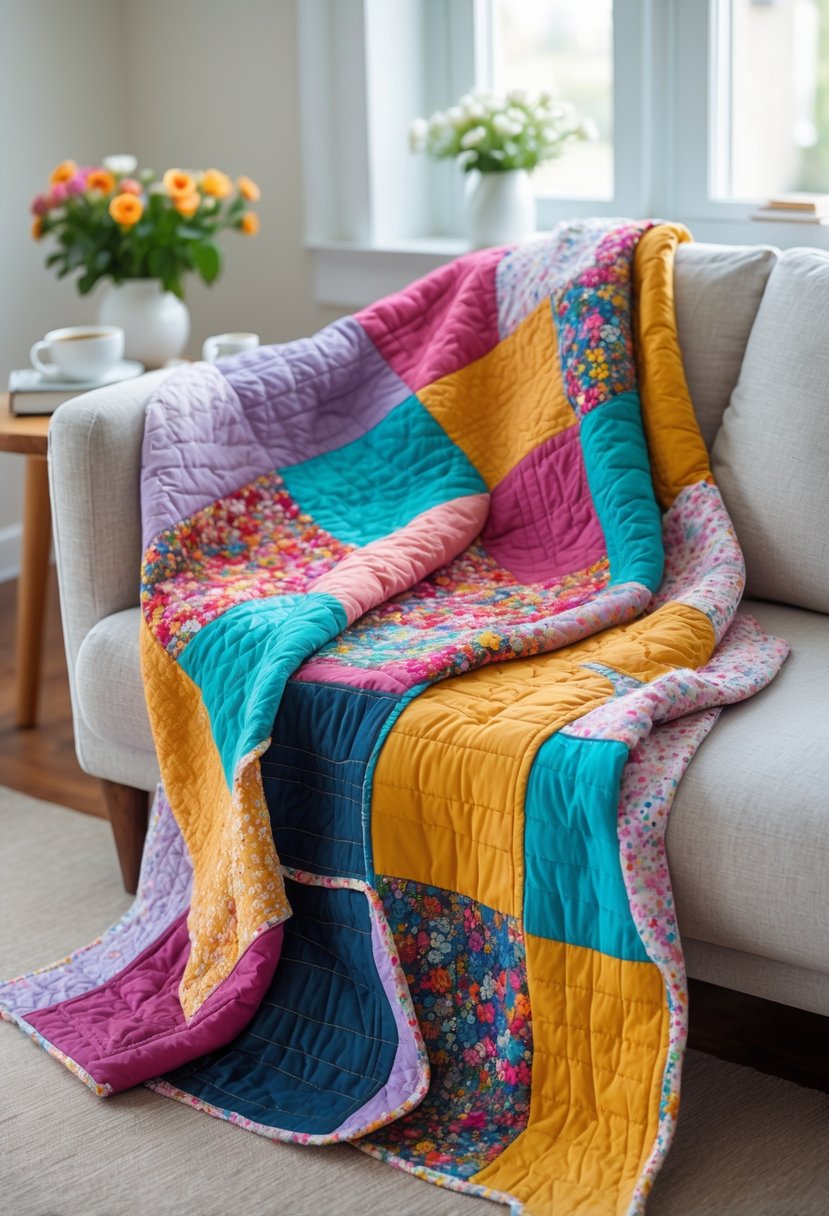 A colorful patchwork quilted throw blanket draped over a sofa in a bright living room with a coffee table and flowers nearby.