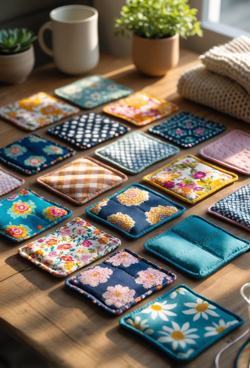 A set of 15 colorful hand-sewn fabric coasters arranged on a wooden table with a mug and a small plant in the background.