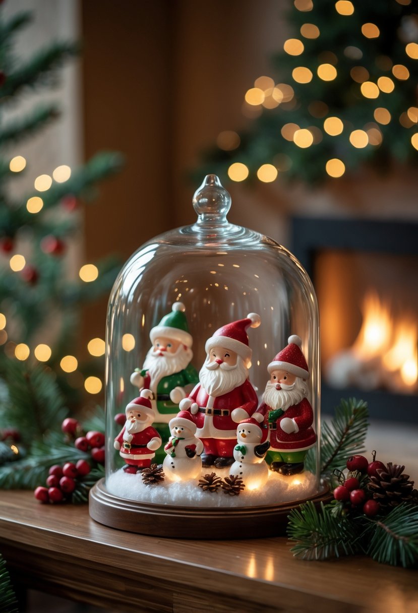 Christmas Fireplace Decor Ideas 2025: 22 Stylish Ways to Elevate Your Holiday Mantel 20 A glass cloche covering small festive Christmas figurines on a mantelpiece in front of a lit fireplace with holiday decorations around.