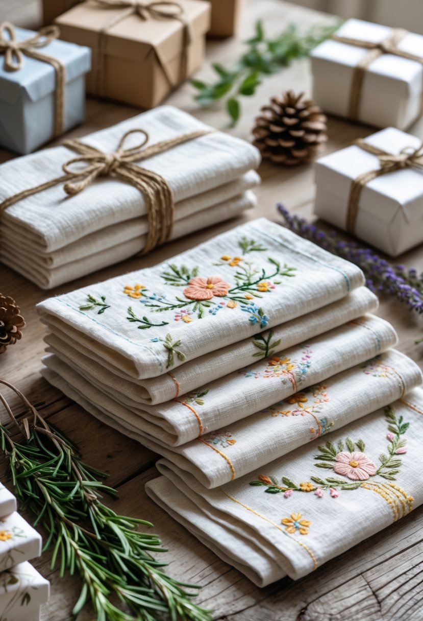 A collection of 15 handmade embroidered linen napkins arranged on a wooden table with small gift boxes and natural decorative elements.