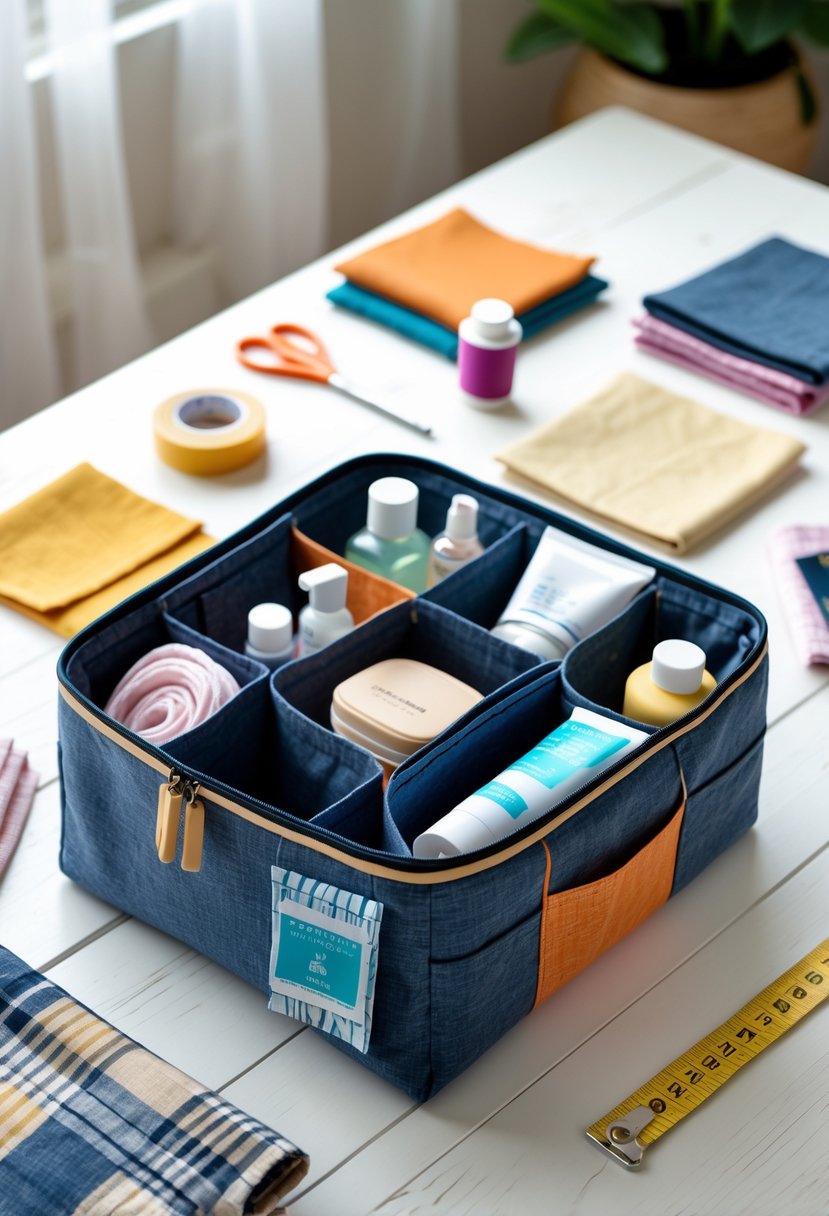 A handmade fabric travel organizer open on a wooden surface with travel essentials inside, surrounded by sewing tools and colorful fabric pieces.