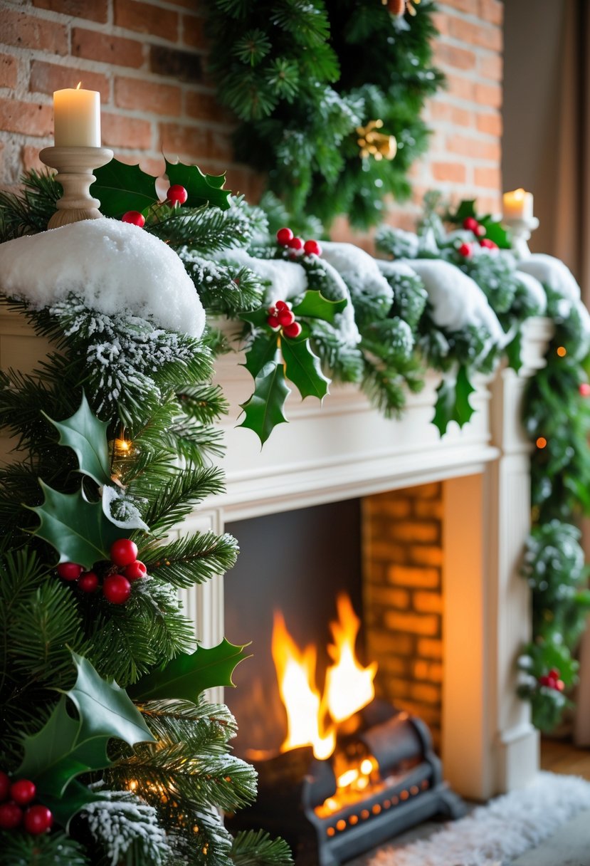 Christmas Fireplace Decor Ideas 2025: 22 Stylish Ways to Elevate Your Holiday Mantel 21 A fireplace mantle decorated with green garlands sprinkled with faux snow and red berries, with a warm fire burning in the background.