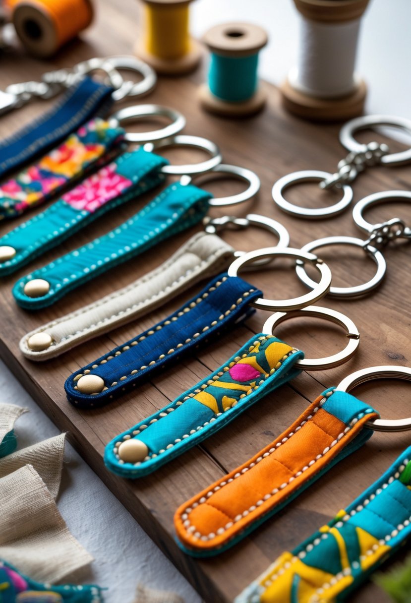A collection of colorful handmade fabric keychains arranged on a wooden surface with crafting materials nearby.