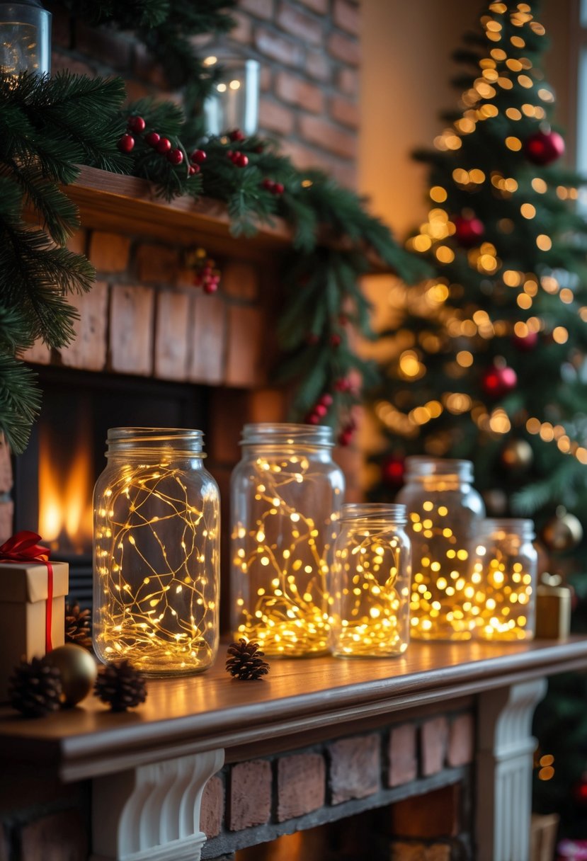 Christmas Fireplace Decor Ideas 2025: 22 Stylish Ways to Elevate Your Holiday Mantel 22 Glass jars filled with glowing mini LED fairy lights arranged on a fireplace mantel decorated with pine garlands and Christmas ornaments.