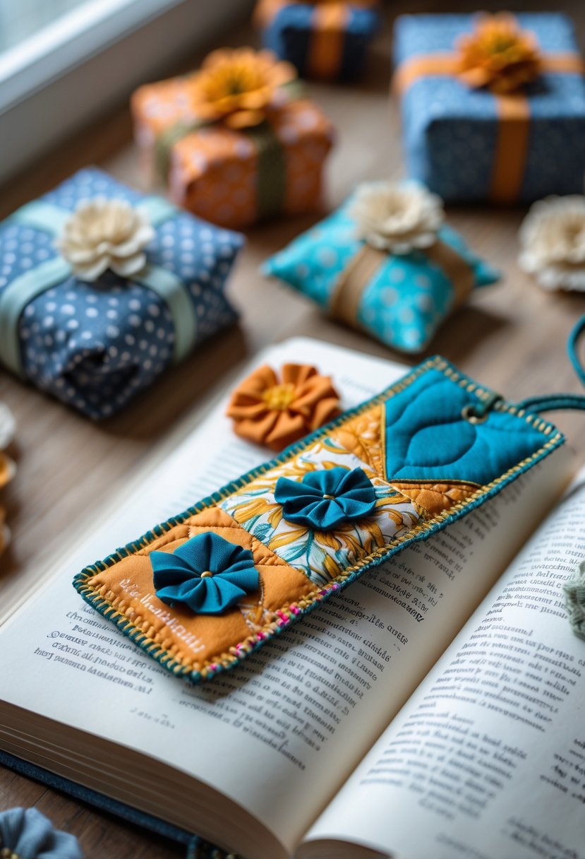 A handmade fabric bookmark lying on an open book with other small fabric gift items arranged on a wooden table.