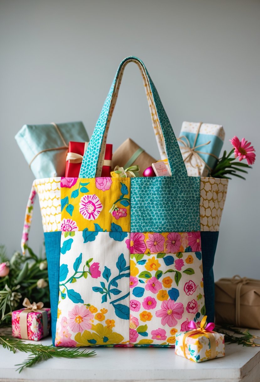 A reversible fabric tote bag with two different colorful patterns, filled with handmade gift items, placed on a neutral surface with decorative props.