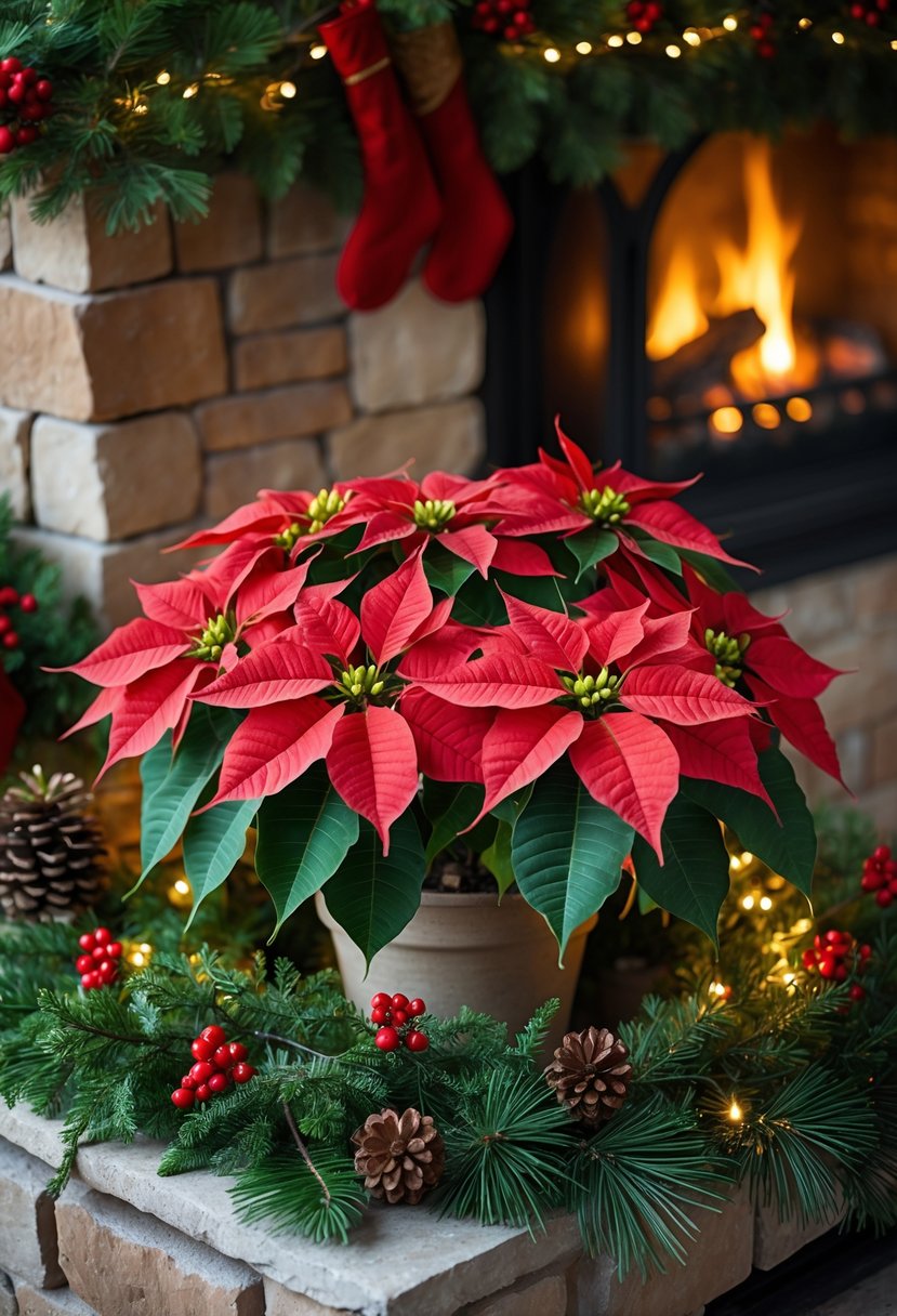 Christmas Fireplace Decor Ideas 2025: 22 Stylish Ways to Elevate Your Holiday Mantel 23 Red poinsettia plants arranged on a hearth with a lit fireplace and Christmas decorations.