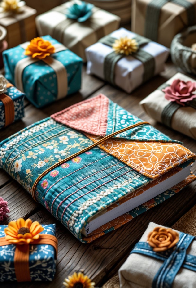 A handmade fabric-covered journal on a wooden table surrounded by various handmade fabric gift items.