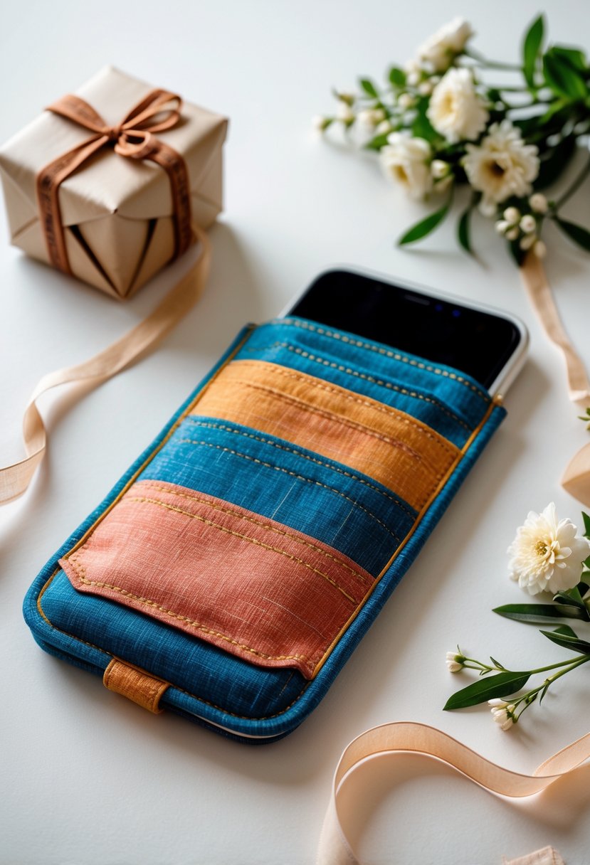 A handmade fabric phone sleeve with multiple pockets displayed alongside gift items on a neutral background.