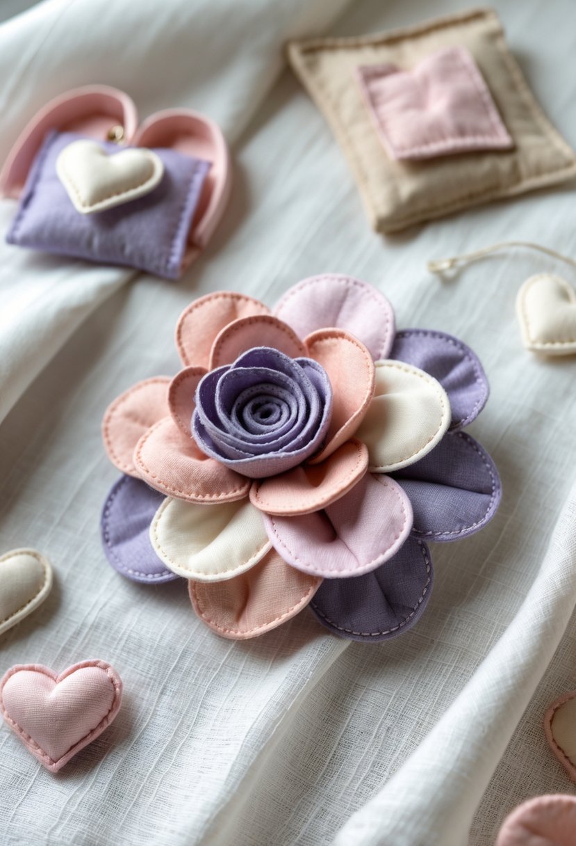 A handmade fabric flower brooch with pastel petals pinned on light linen fabric, surrounded by small fabric gift items.