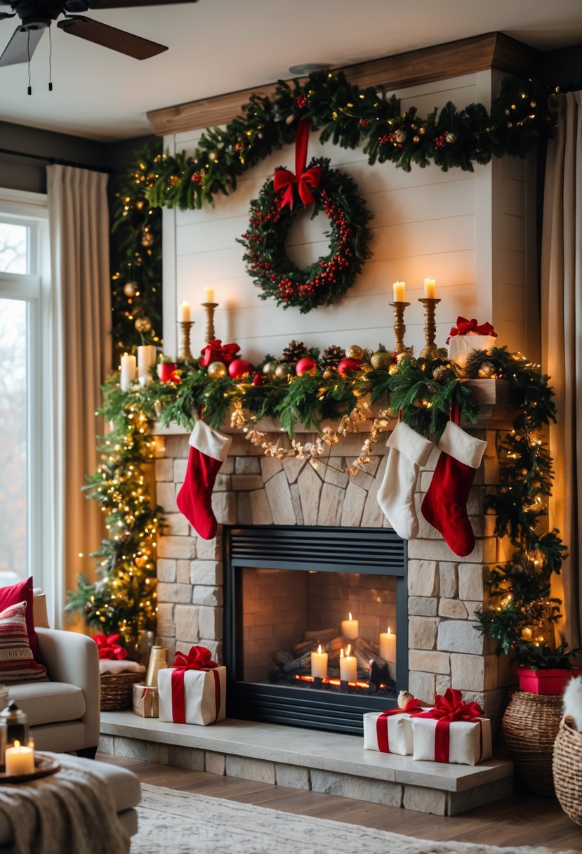 Christmas Fireplace Decor Ideas 2025: 22 Stylish Ways to Elevate Your Holiday Mantel 25 A cozy living room with a decorated fireplace featuring garlands, stockings, candles, and festive ornaments.