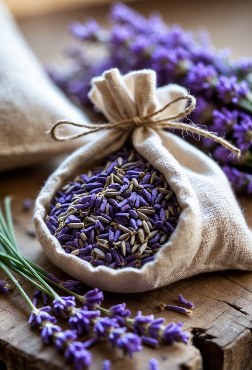 A hand-stuffed fabric lavender sachet on a wooden surface next to fresh lavender sprigs.