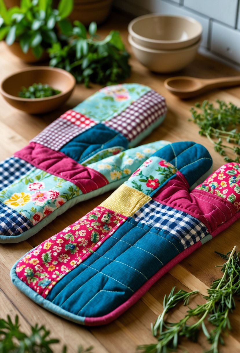 A pair of colorful handmade patchwork fabric oven mitts on a wooden kitchen countertop with kitchen utensils nearby.