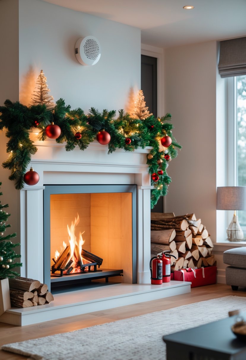 Christmas Fireplace Decor Ideas 2025: 22 Stylish Ways to Elevate Your Holiday Mantel 26 A living room with a lit fireplace decorated for Christmas, showing holiday ornaments, firewood, and safety equipment nearby.
