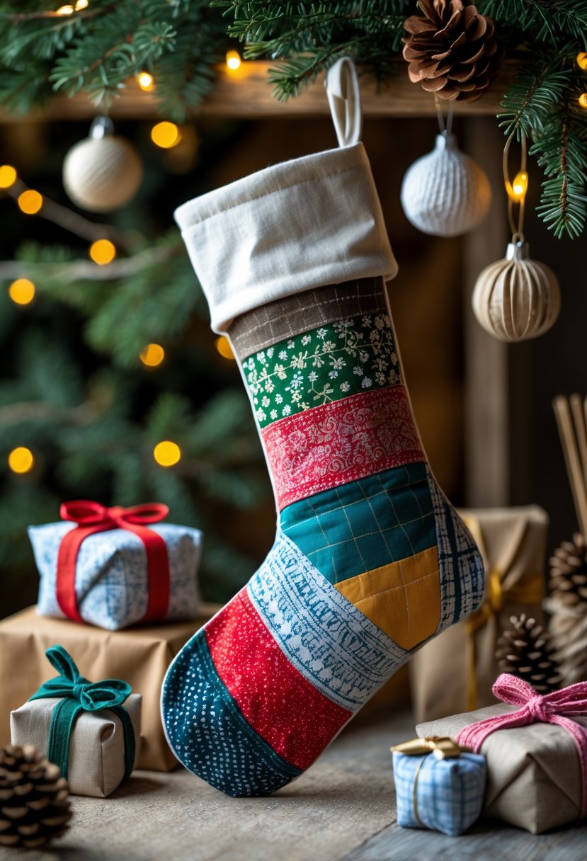 A hand-sewn holiday stocking hanging with handmade fabric gifts and festive decorations in a cozy setting.