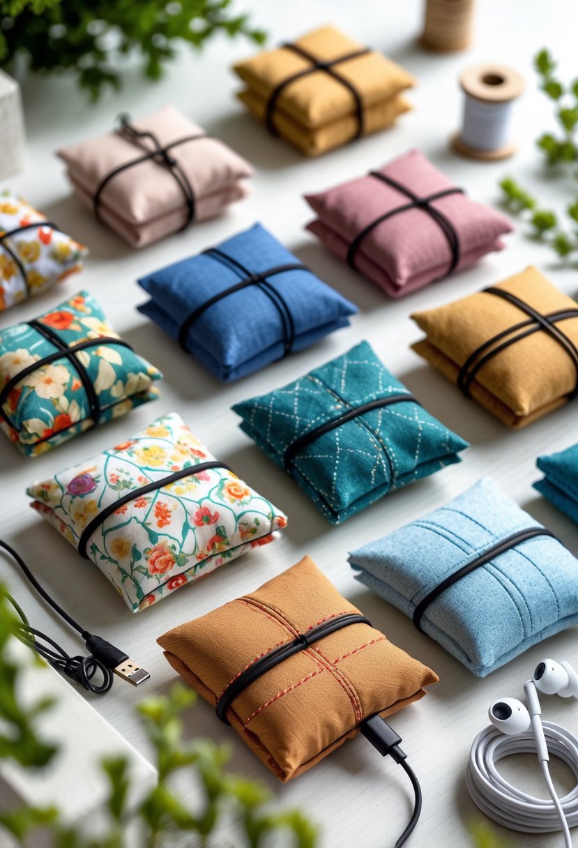 A collection of colorful handmade fabric cord organizers arranged on a wooden surface with cables wrapped inside, surrounded by small gift boxes and sewing tools.