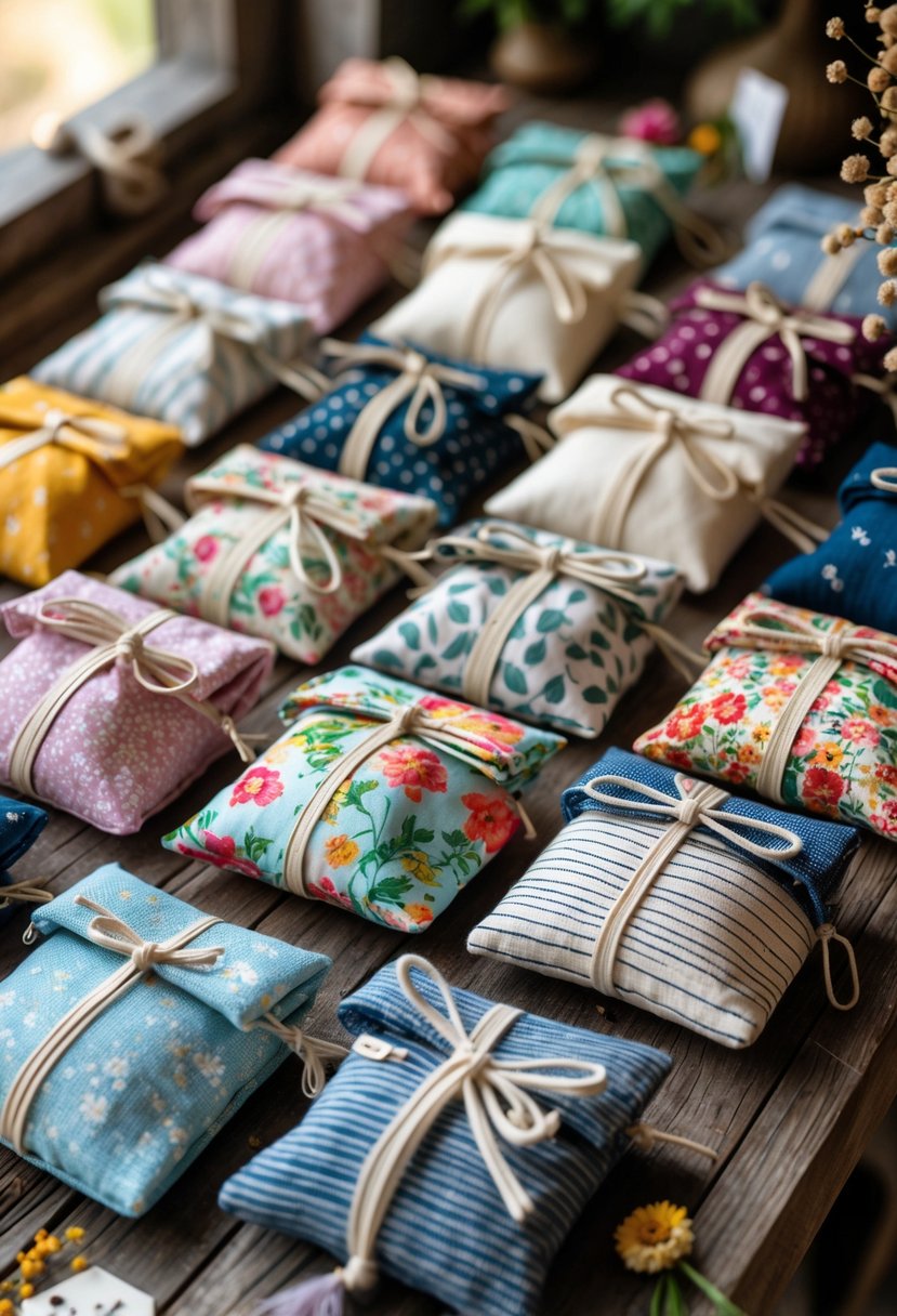 A collection of colorful handmade fabric jewelry pouches arranged on a wooden surface with ribbons and decorative elements.