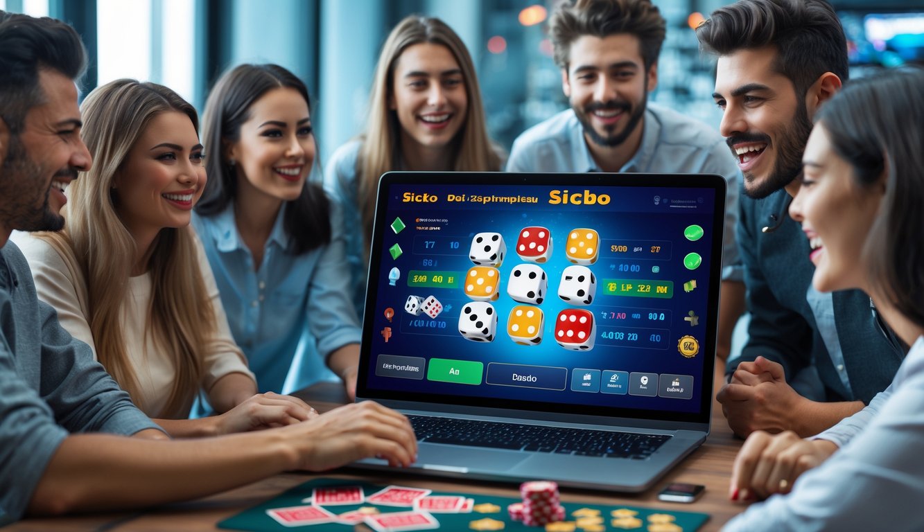 Sekelompok orang muda bermain game Sicbo online di depan laptop dengan ekspresi antusias dan latar ruangan yang terang.