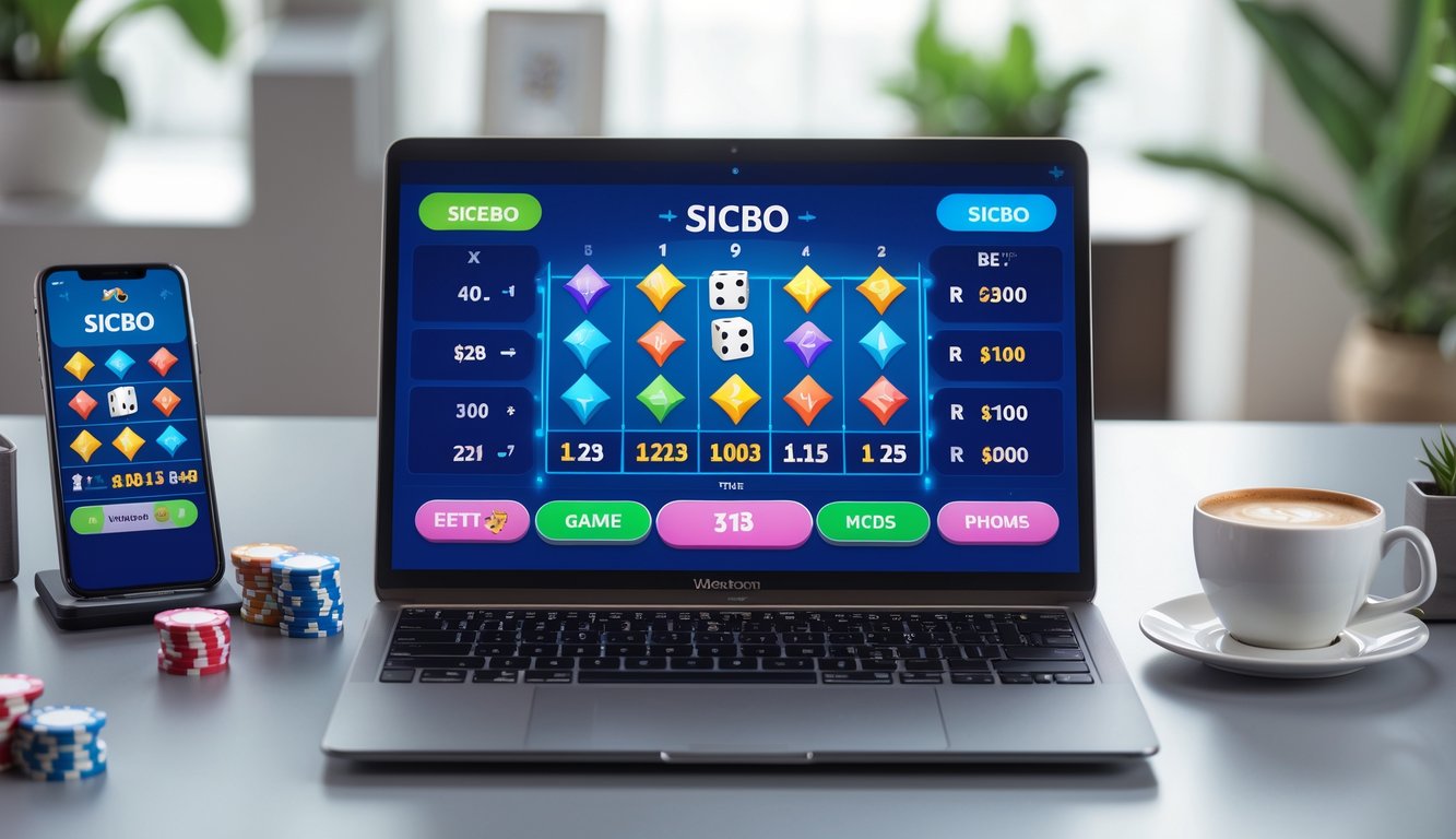 Seorang pengguna bermain permainan Sicbo online di laptop dengan latar ruang kerja rumah yang rapi dan terang.