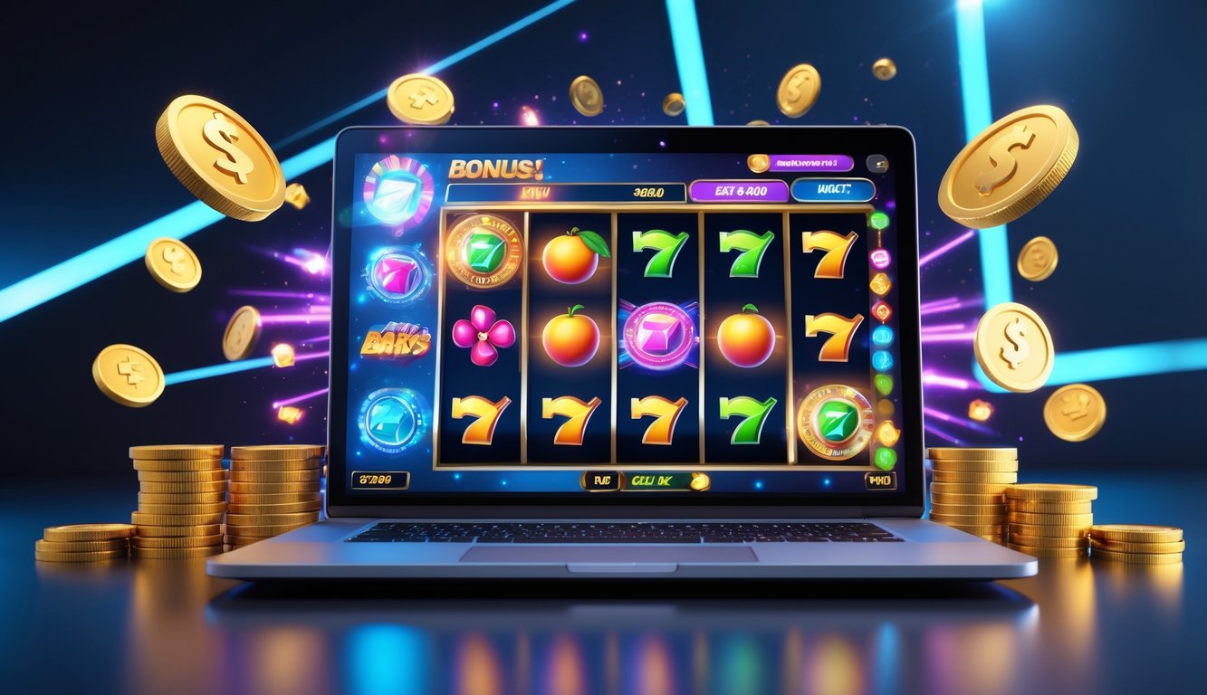 Seseorang sedang bermain permainan slot online di komputer dengan tampilan layar penuh warna dan simbol kemenangan.