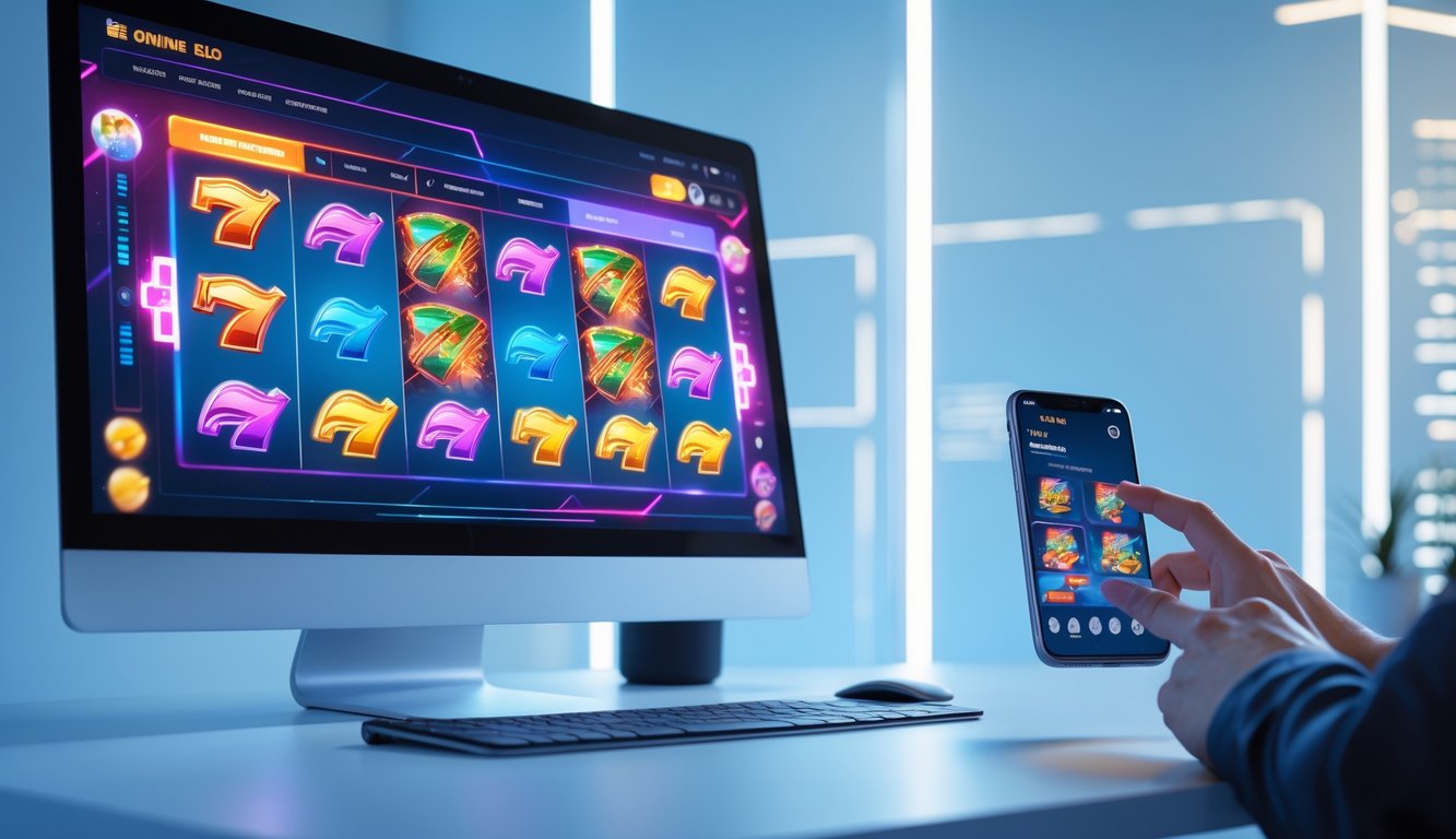 Tampilan platform slot online modern di layar komputer dan ponsel dengan grafik permainan yang berwarna-warni dan antarmuka yang menarik.