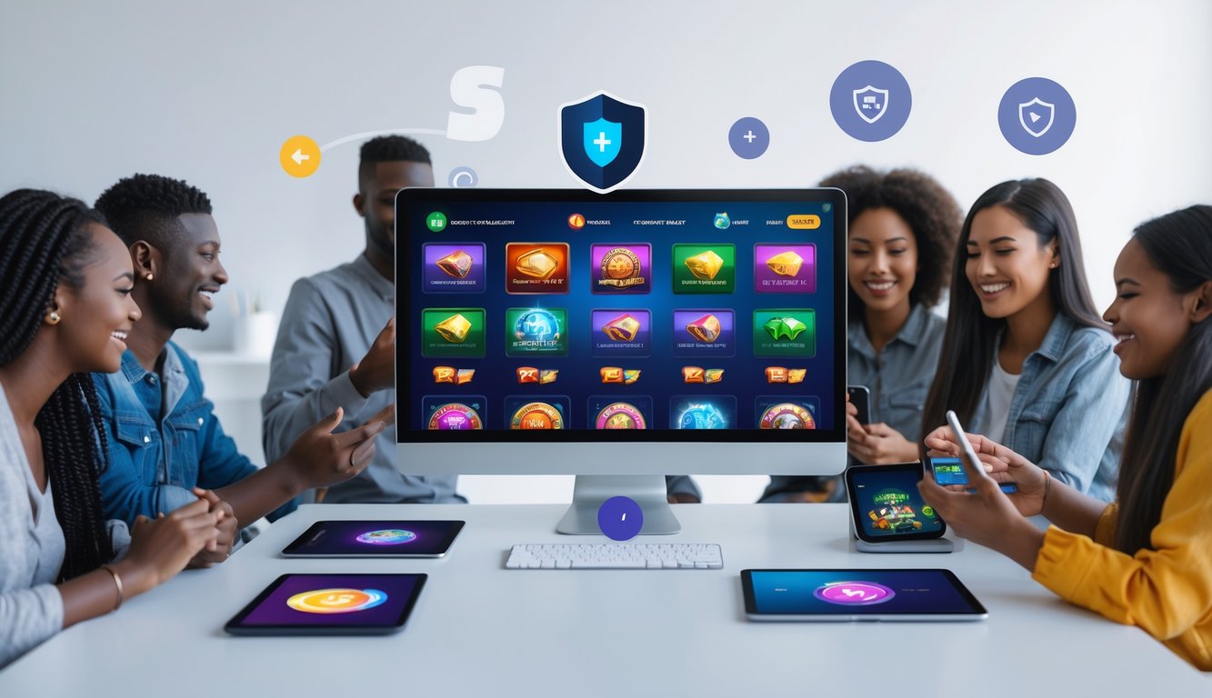 Sebuah meja kerja modern dengan komputer menampilkan berbagai ikon permainan slot warna-warni dan pemain yang sedang bermain menggunakan berbagai perangkat.