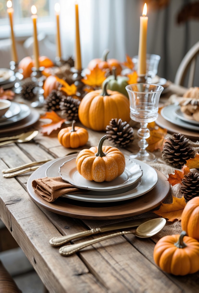 A rustic wooden table set with fall decorations including pumpkins, pinecones, autumn leaves, candles, plates, and cutlery arranged for a cozy gathering.