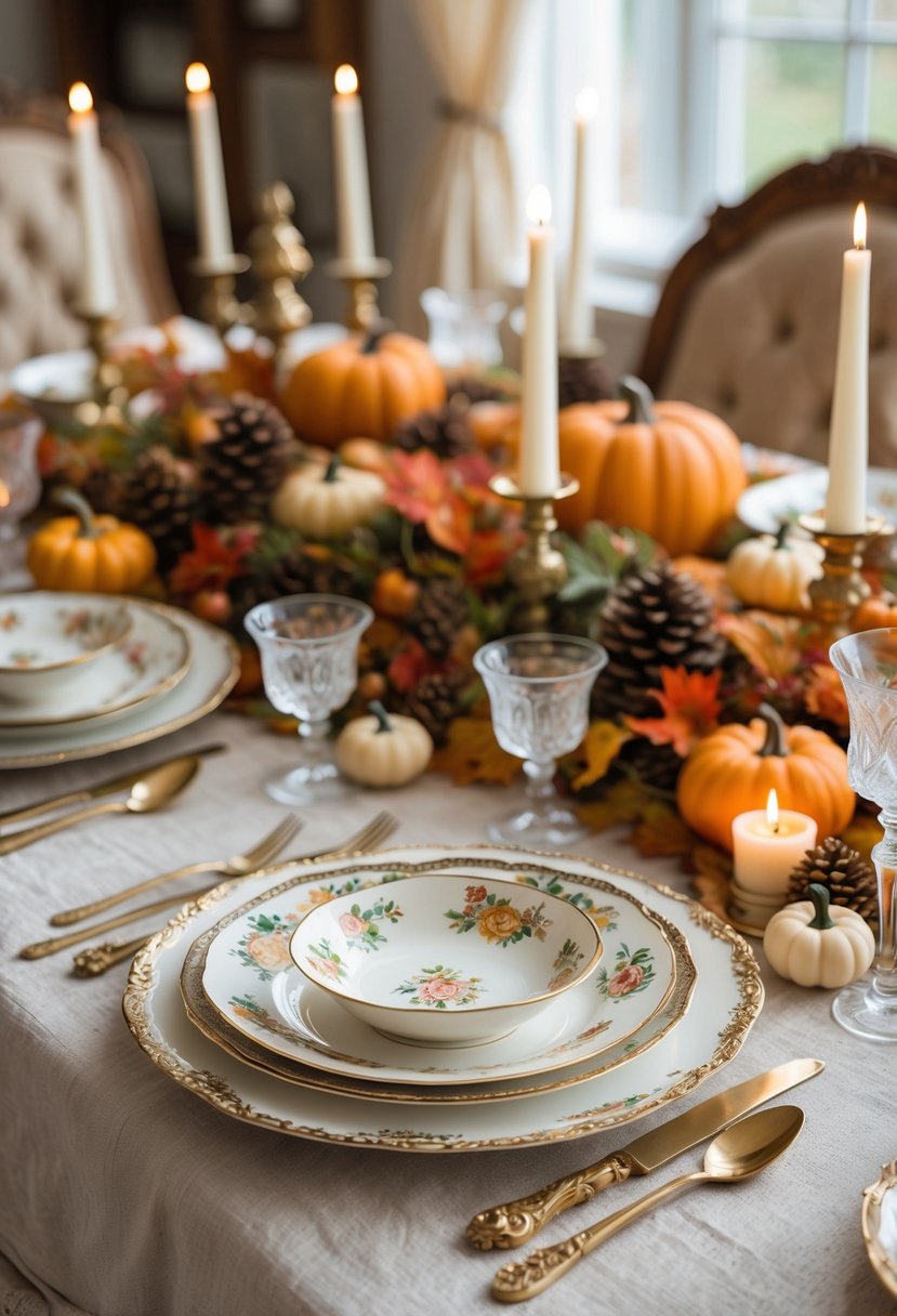 A beautifully set Thanksgiving table with antique floral china, autumn decorations, and candles arranged on a linen tablecloth.