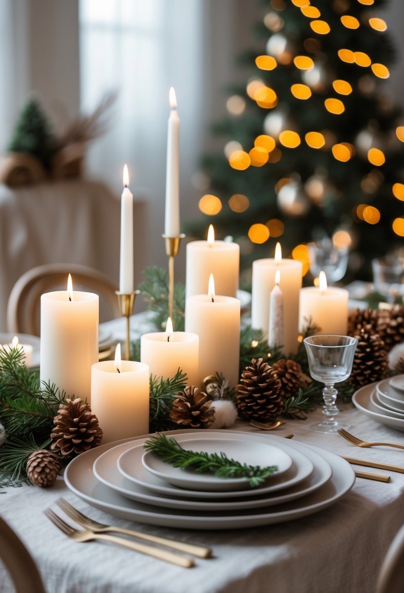 A Christmas table with clusters of soft white candles providing warm ambient light, surrounded by simple festive decorations.