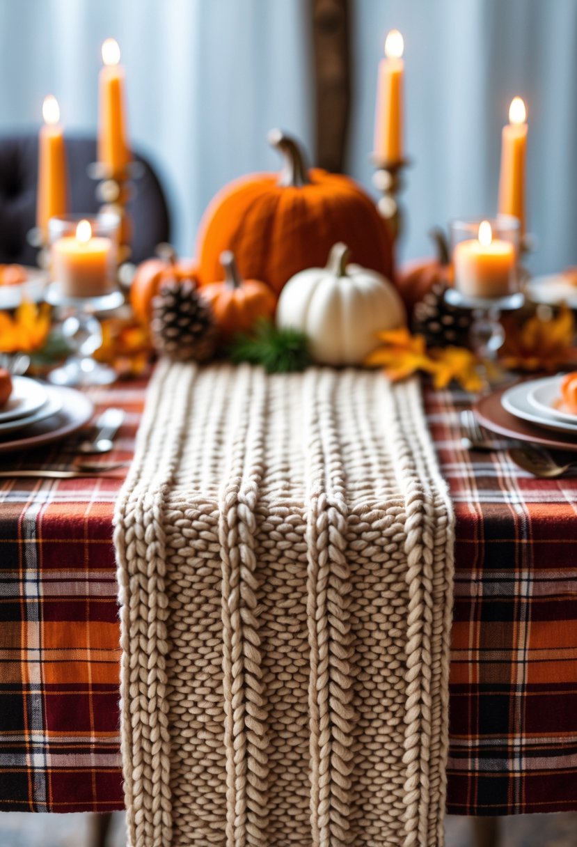 A fall-themed table set with a plaid tablecloth and a chunky knit runner, decorated with small pumpkins, candles, pinecones, and autumn leaves.