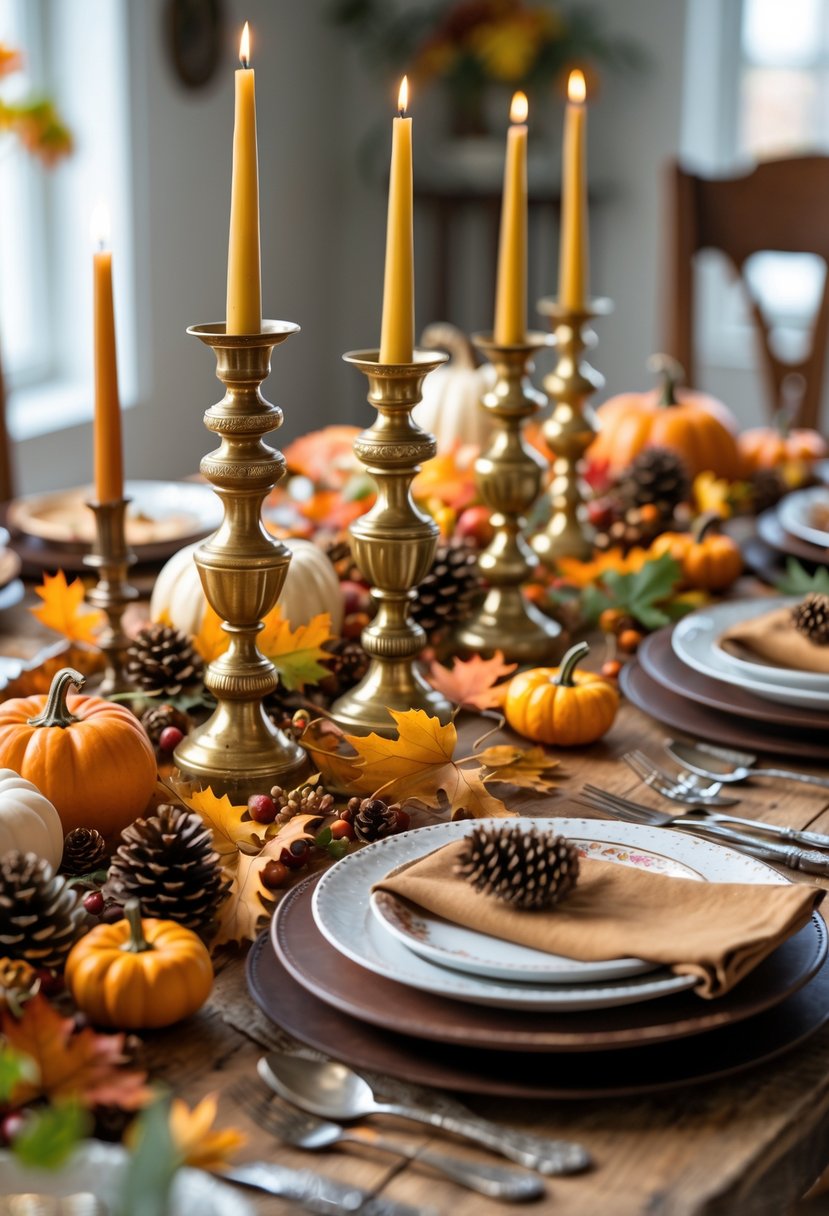 A dining table set for Thanksgiving with vintage brass candlesticks, autumn decorations, plates, and glassware.