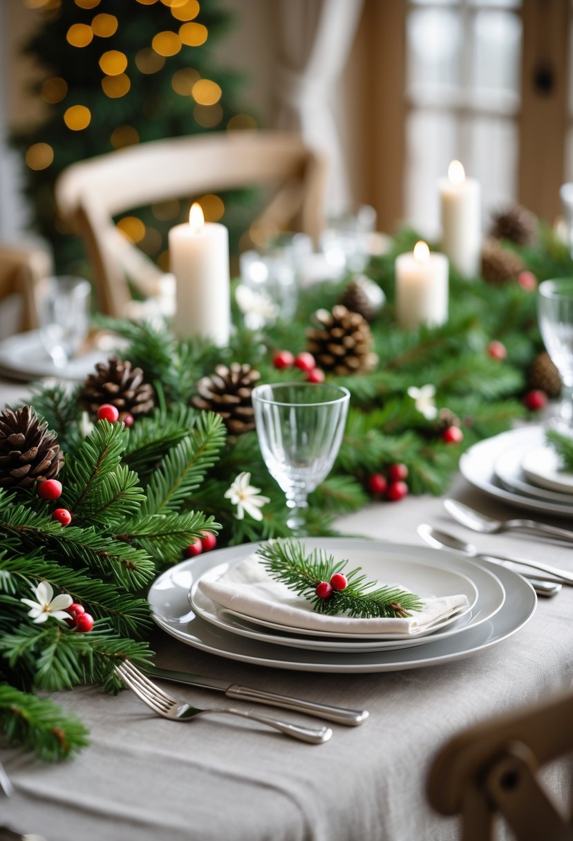 A dining table decorated with natural evergreen garlands as table runners, set with plates, cutlery, and glassware for a Christmas meal.