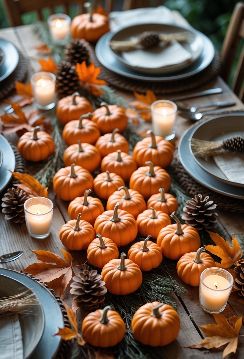 A wooden table with small orange pumpkins scattered as a centerpiece, surrounded by autumn leaves, candles, and tableware for a fall gathering.