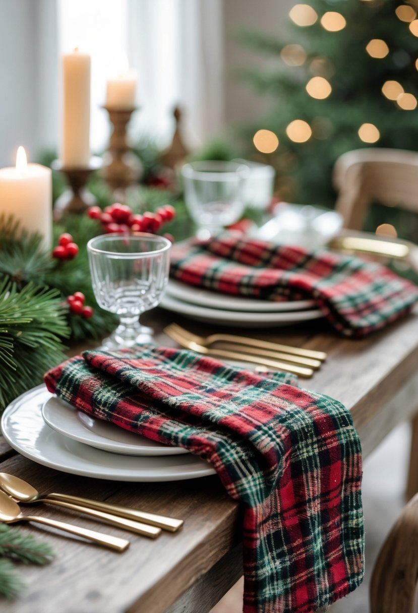 A Christmas table set with plaid cloth napkins, white plates, pine branches, red berries, and candles.