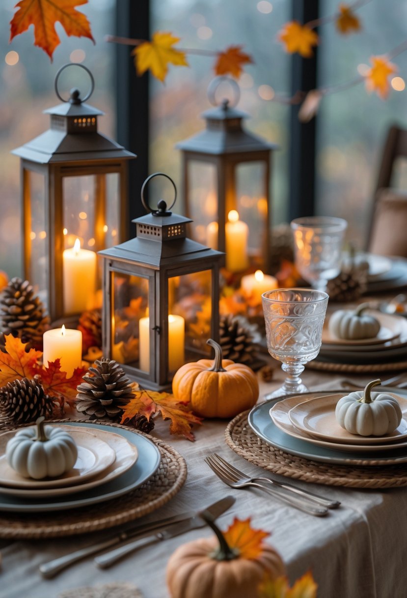 A fall-themed table decorated with glowing lanterns, fairy lights, pumpkins, autumn leaves, and candles set for a cozy gathering.