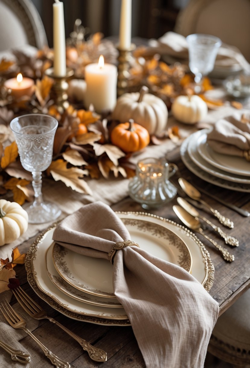 A Thanksgiving table set with folded napkins, vintage dishes, pumpkins, candles, and autumn decorations on a wooden surface.