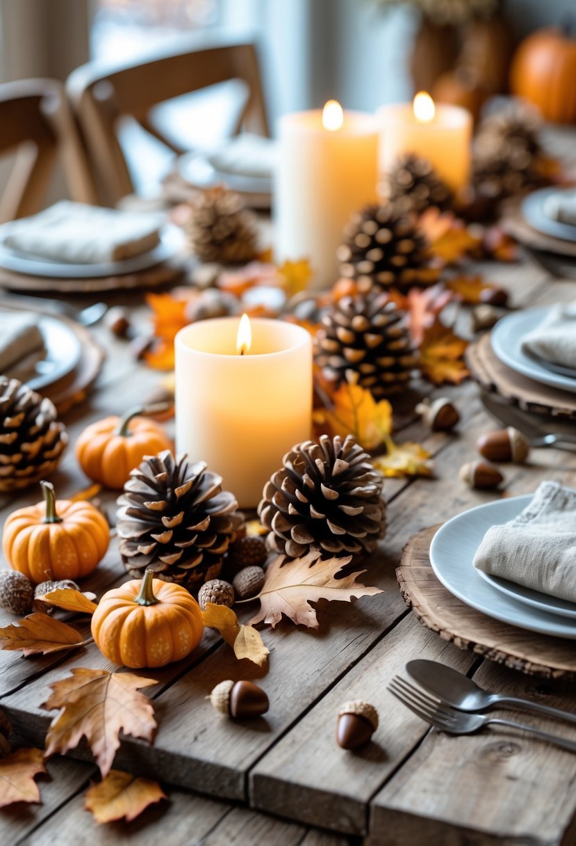 A wooden table decorated with pine cones, acorns, small pumpkins, dried leaves, and candles arranged for a fall gathering.