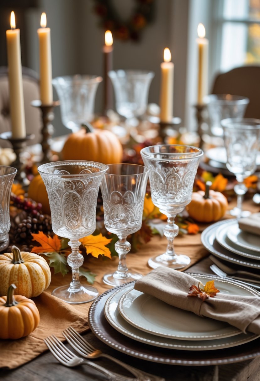 A Thanksgiving table set with vintage heirloom glassware, autumn decorations, and place settings on a wooden table.