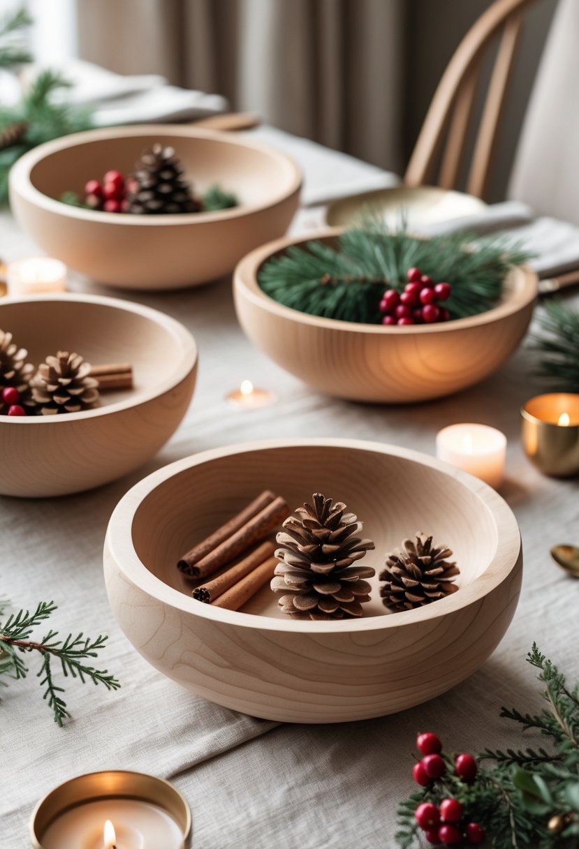 A Christmas table with wooden bowls filled with pine cones, berries, cinnamon sticks, and evergreen sprigs arranged with candles and greenery.